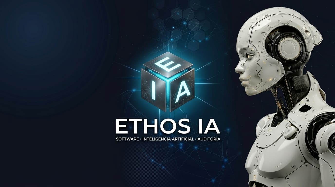 Símbolo del cubo Ethos IA junto a un androide, representando la investigación en inteligencia artificial responsable