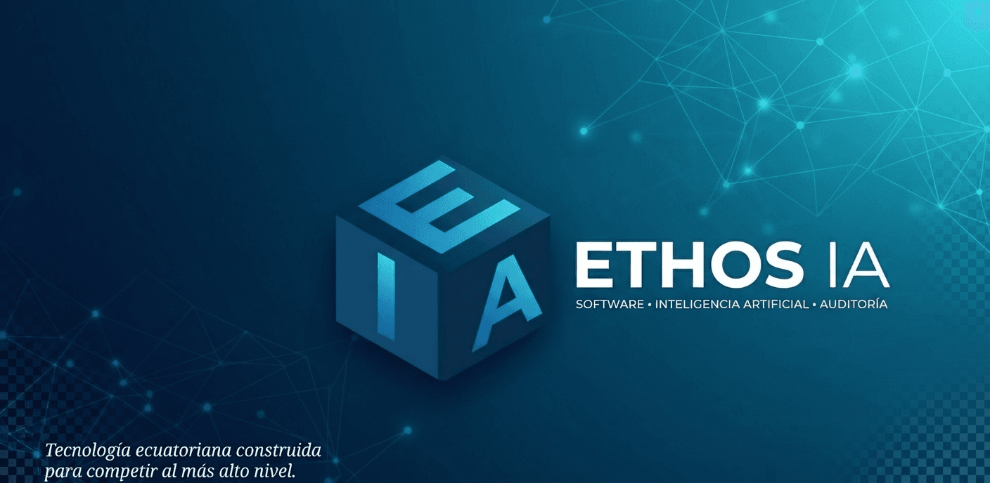 Cubo de Ethos IA sobre fondo de red neuronal, con el lema: tecnología ecuatoriana construida para competir al más alto nivel