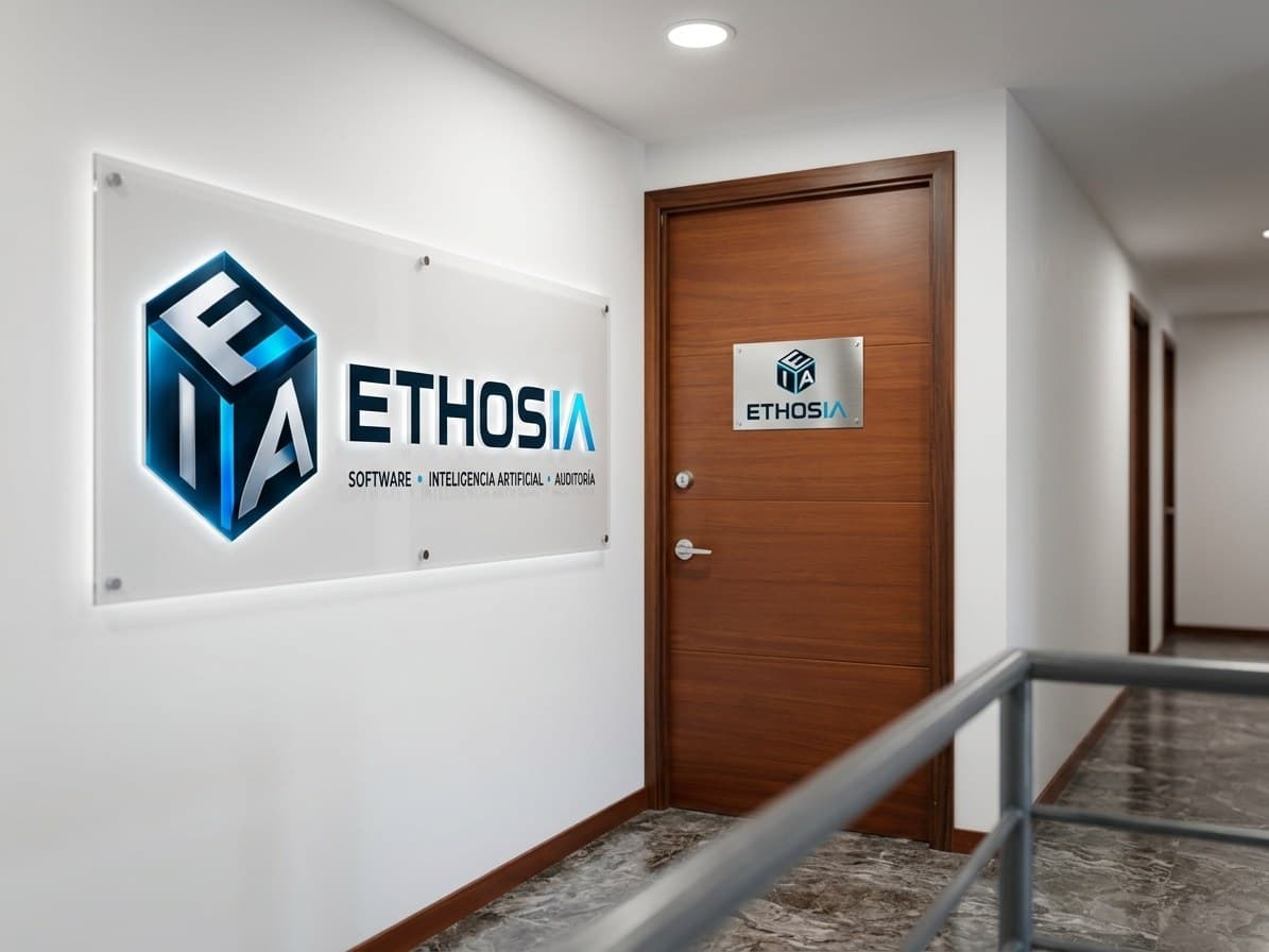 Señalética de Ethos IA en un corredor de oficinas, con el cubo y el nombre de la marca iluminados sobre un panel de vidrio
