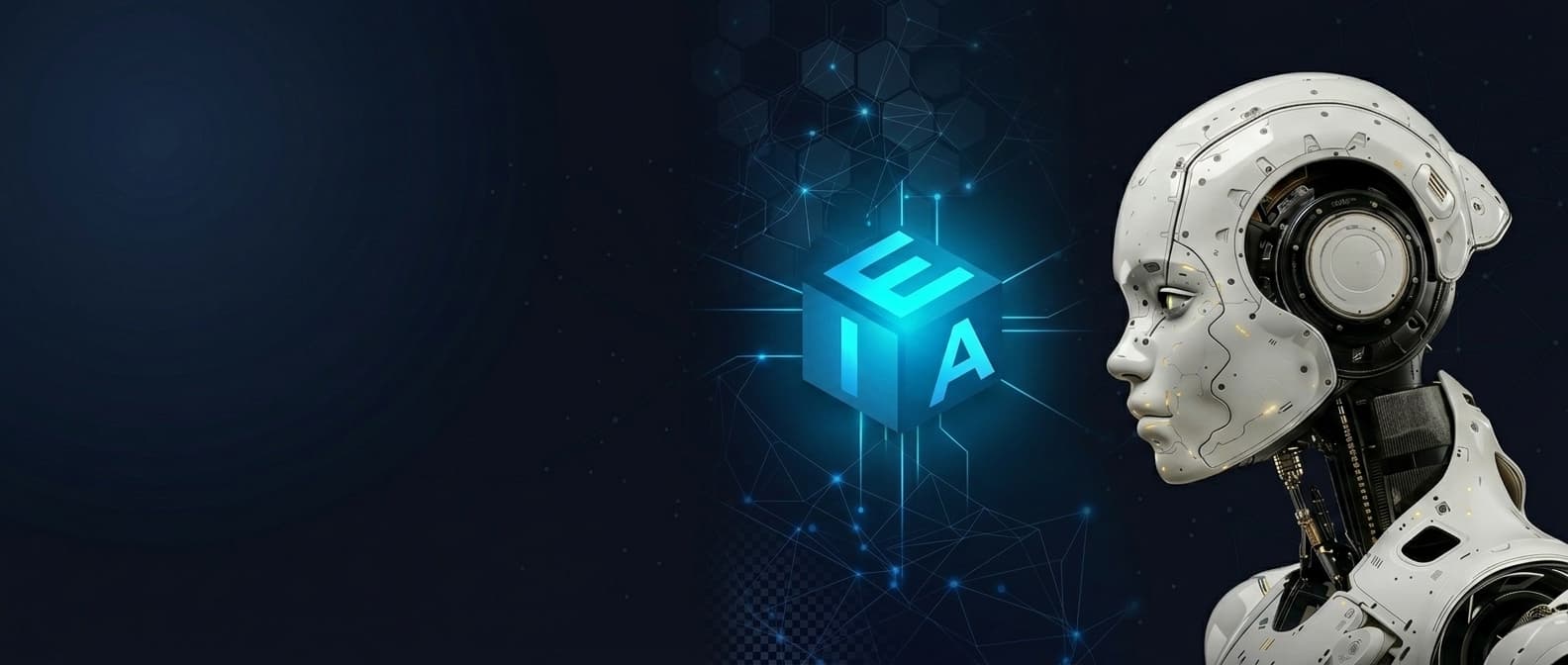 Androide humanoide junto al símbolo del cubo Ethos IA, sobre un fondo de red digital — investigación en inteligencia artificial responsable